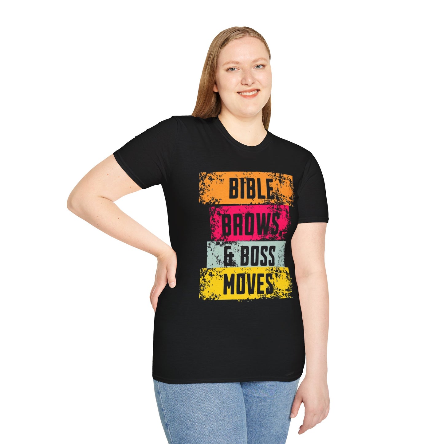 Inspirational Unisex Softstyle T-Shirt - Bible Brows & Boss Moves